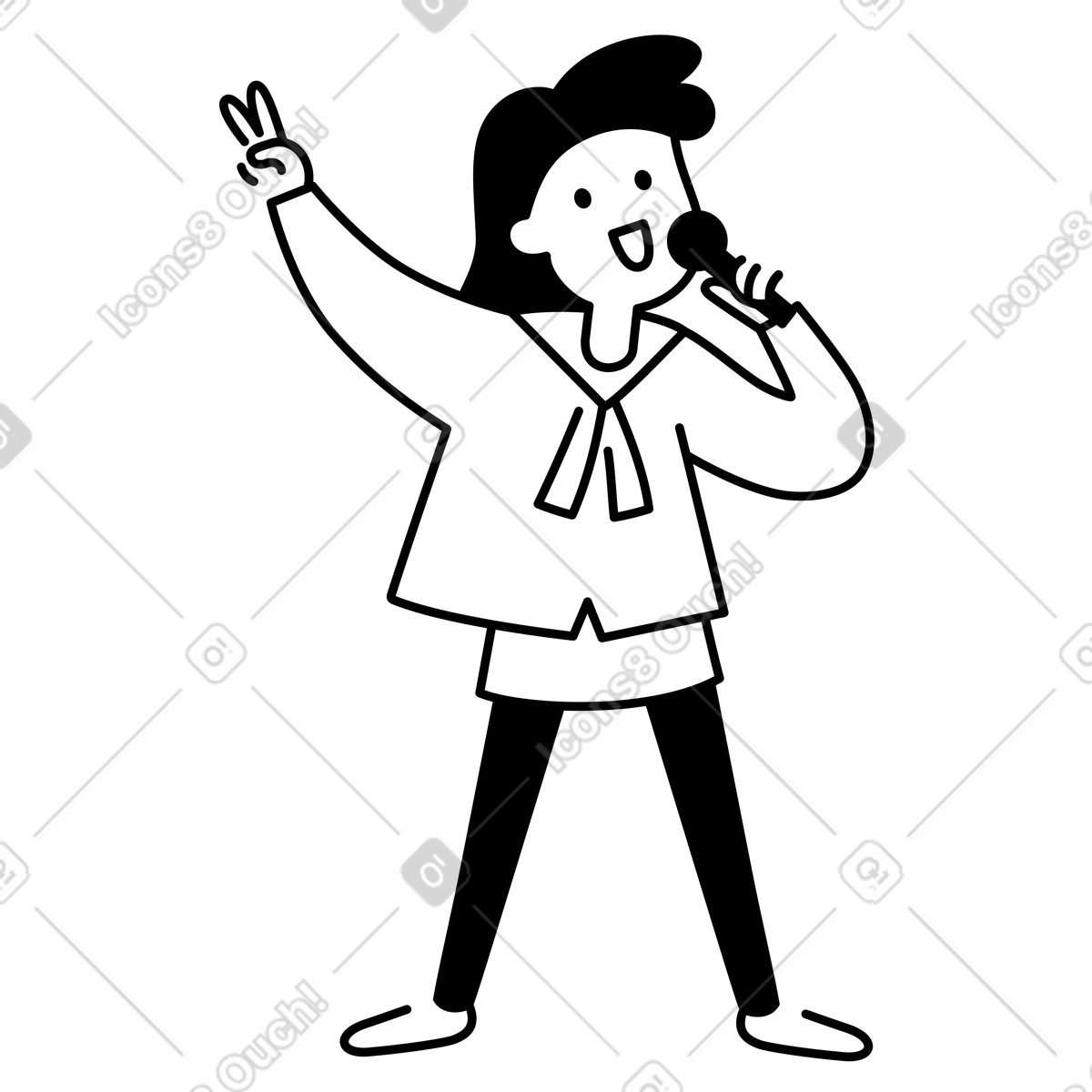 下载 Notion Line Art 风格的 Singer holding microphone making peace sign during fun performance 插画，支持 PNG、SVG 格式