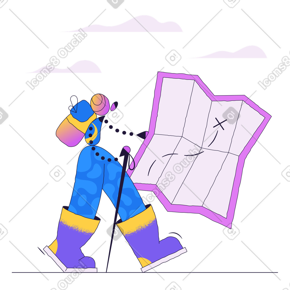 Conifer スタイルの 地図と杖を持ってハイキングするバックパッカー のイラストをPNG、SVG形式でダウンロード