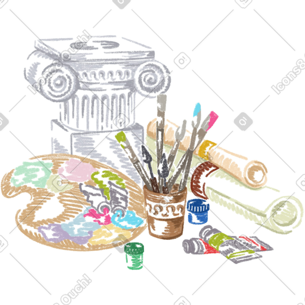 Ilustração de Column with palette, canvases, paints and brushes em no estilo Sketchbook para baixar em PNG, SVG