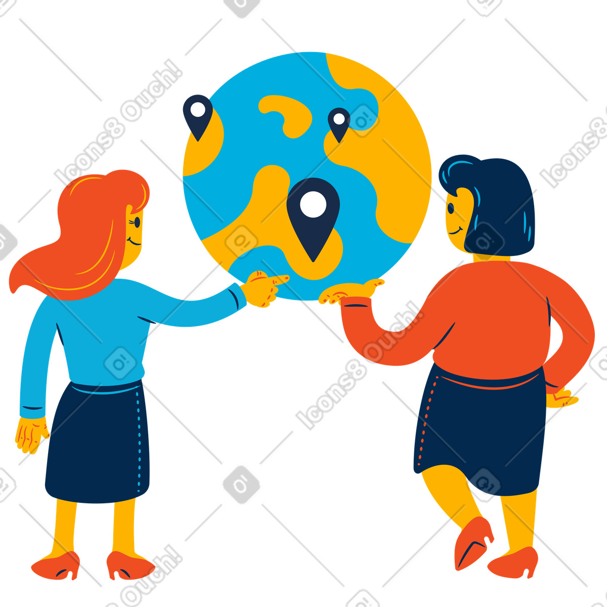 Travelers pointing at locations on world map, Travel destination planning-Illustration im Flame-Stil als Download in PNG, SVG