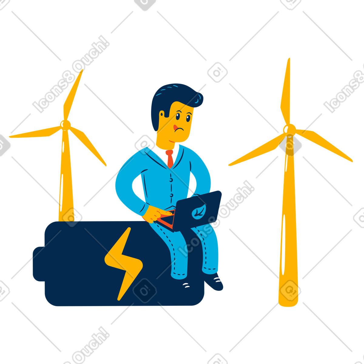 Man using wind power for battery charging illustration in Flame style download in PNG, SVG