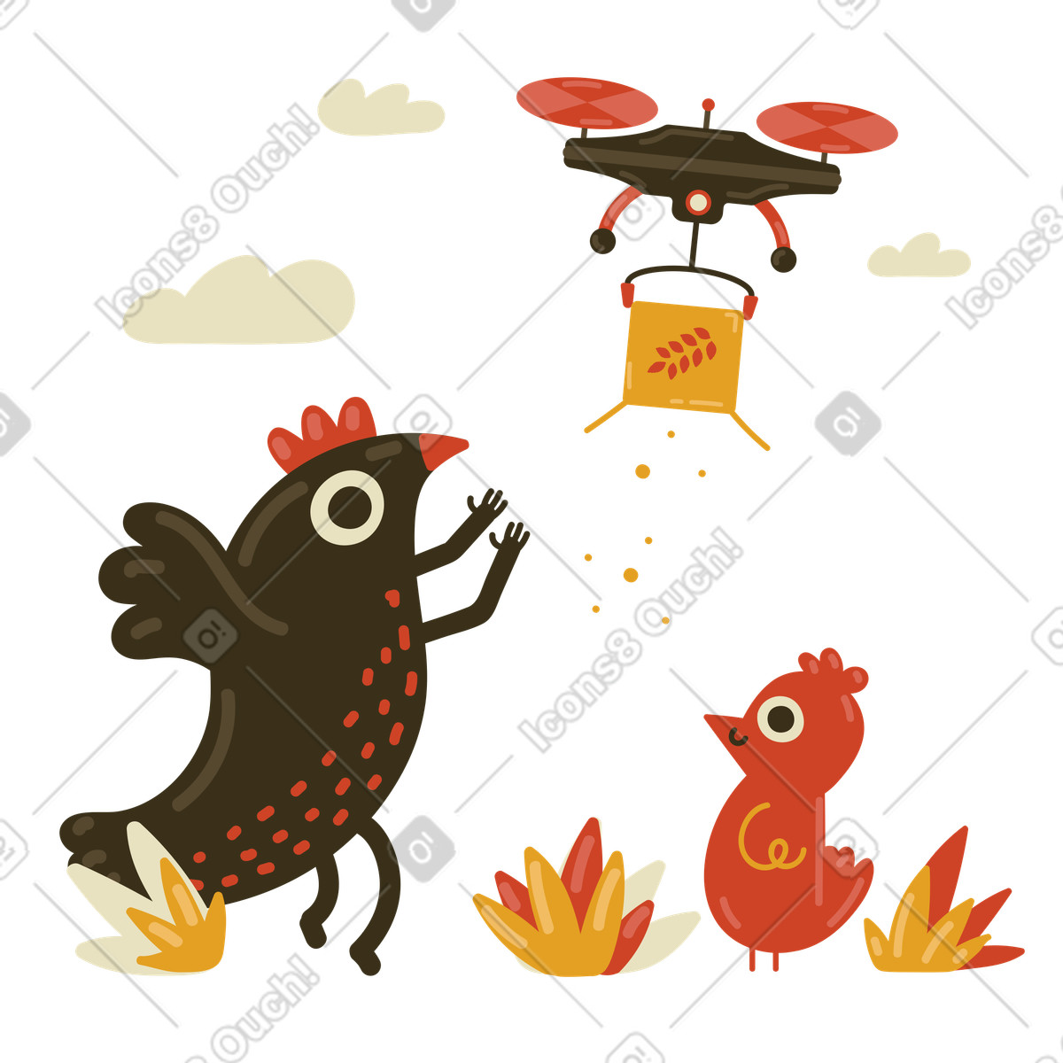 Ilustración Drone alimentando pollos en una granja inteligente estilo Arabica a descargar PNG y SVG