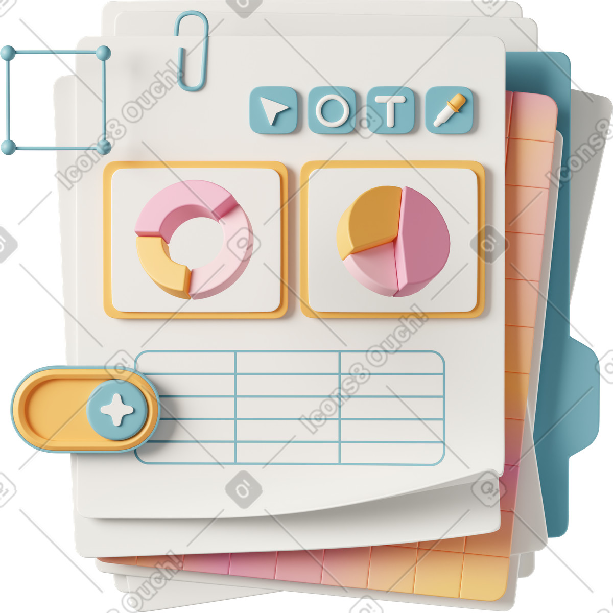 3D Casual life 스타일의 Stack of reports with AI data analysis top view 일러스트레이션 PNG, SVG 다운로드