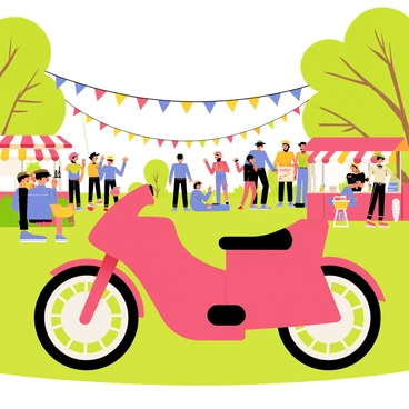 A sleek red speed bike parked on a grassy area near a lively country music festival. Colorful banners and lights are strung between trees in the background. Groups of people are gathered around, some dancing to live music while others are sitting on picnic blankets. A couple of food stalls with bright awnings are visible, serving snacks and drinks. The atmosphere is filled with joy as festival-goers are wearing cowboy hats and denim outfits, adding to the festive theme.