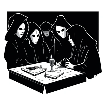 A group of masked figures dressed in dark robes is gathered around a wooden table. The table is cluttered with scrolls, quills, and a small, flickering candle illuminating their faces with shadows. Each figure has a distinct mask, and their body language conveys secrecy and intensity. The room is dimly lit, creating an atmosphere of mystery as they lean in closer, engaged in hushed conversation. The surfaces around them are dark, enhancing the focus on the ominous gathering.