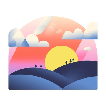 A vibrant sunset is depicted in the sky with bold blocks of orange, pink, and purple colors blending together. Geometric shapes form the clouds, with triangles and rectangles in varying shades of white and gray. Below the sky, a silhouette of rolling hills is created using dark blue and black shapes, providing contrast against the warm sunset colors. The sun, a large yellow circle, is partially hidden behind the horizon, casting a warm glow across the scene. A few scattered triangles represent trees on the hills, completing the composition.
