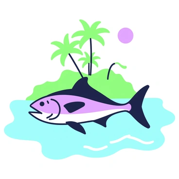 A vintage travel poster displays a large mahi-mahi swimming gracefully through the water. The fish has long, flowing fins and a distinctive shape. In the background, there is an island with lush greenery and tall palm trees swaying in the breeze. The island is surrounded by turquoise water, and a bright sun hangs in a clear sky. In the foreground, there are gentle waves lapping at the shore, creating a sense of tranquility and adventure. The scene captures the essence of a tropical paradise, inviting viewers to explore its beauty.