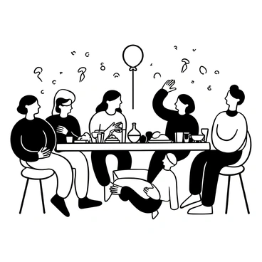 A woman with long hair wearing a floral dress is surrounded by a group of people at a lively family gathering. She is holding a glass of drink and appears to be engaged in conversation. In the background, there is a large table filled with various dishes and drinks. Some family members are laughing and others are talking animatedly. Balloons and streamers are hanging from the ceiling, adding to the festive atmosphere.