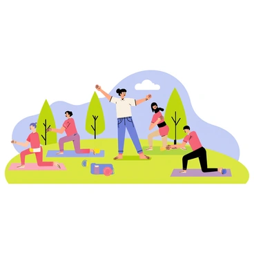 A group of five individuals practicing yoga outdoors on green grass. In the center, a leader is demonstrating a quadriceps stretch, standing on one leg and pulling the other leg back towards their body. The participants are following along, each in various yoga poses. The background features a bright blue sky and a few fluffy white clouds. Nearby, there are trees providing shade, and a colorful yoga mat is laid out on the ground next to each person. The scene conveys a sense of focus and tranquility among the group.