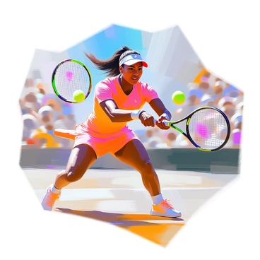 A dynamic action shot capturing "Serena Williams" in the midst of hitting a powerful forehand. She is wearing a brightly colored athletic outfit that accentuates her athletic build, with her hair pulled back into a sleek ponytail. Her face is focused and intense as she prepares to make contact with the tennis ball. The tennis court stretches out behind her, with a blurred background of spectators and a vibrant blue sky overhead. Her racket is drawn back, and the motion of her swing creates a sense of energy and movement in the scene. The tennis ball is just about to meet the strings of her racket, capturing the peak moment of action.