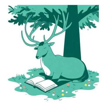 A teal elk is sitting under a large tree, with its antlers gracefully spreading wide. The elk is focused on reading a book that lies open on its lap; the pages are gently fluttering in the breeze. Its eyes are closed in a peaceful manner, and a small smile hints at its serene expression. The tree's leaves create a dappled light effect on the ground, casting playful shadows around the elk. Various small flowers in the grass add color to the scene, enhancing the tranquility of the moment.