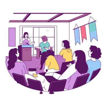 A small group of people attentively listening to a speaker in a community hall