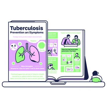 A multilingual brochure about tuberculosis is displayed on a wooden table. The cover of the brochure features a large title that reads "Tuberculosis: Prevention and Symptoms" in various languages, with each language presented in a distinct section. The background of the brochure includes clear graphics depicting healthy lungs alongside images of diverse individuals consulting with healthcare professionals. Inside the brochure, there are organized sections with bullet points outlining symptoms such as persistent cough, fever, and weight loss. There are also illustrations of preventive measures like wearing masks and washing hands. The overall layout is clean and informative, making it easy to read and understand.
