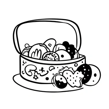 An open vintage biscuit tin with intricate floral patterns on its surface is placed on a wooden table. The tin is brimming with an assortment of biscuits that are elegantly decorated and shaped in various forms. Each biscuit features unique designs, including icing patterns and edible glitter. A few biscuits are slightly tilted, showcasing their decorative details, while the tin's lid lies beside it, highlighting its vintage charm.