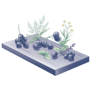 A wooden table serves as a surface for the display. The collection includes clusters of "elderberries" with dark, round berries attached to slender stems. Surrounding the elderberries are various "wild herbs" featuring distinct leaf shapes and textures. Some herbs have small white or yellow flowers, adding detail to the arrangement. The scene captures the natural beauty of the elements, with the herbs and berries thoughtfully spread out, creating an inviting and organic composition.