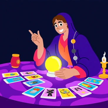 A mystical fortune teller with a long, flowing robe and an elaborate headpiece gazes intently into a glowing crystal ball. The ball radiates soft, ethereal light, illuminating her face. Around her, a colorful array of tarot cards is spread out on a richly patterned tablecloth. Each card features distinct illustrations, showcasing symbolic imagery. The setting is dimly lit, creating an air of mystery, while various mystical objects, like candles and incense holders, are placed nearby to add to the enchanting atmosphere.