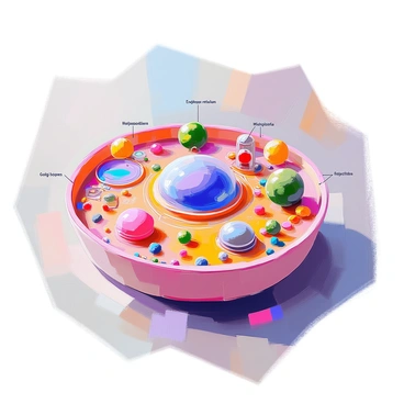 An aerial view of a colorful animal cell landscape, showcasing various organelles represented as distinct areas or landmarks within the cell. The nucleus is centrally located and shaped like a large dome, with "Nucleus" labeled in bold letters. Surrounding the nucleus, the endoplasmic reticulum appears as a winding pathway, labeled "Endoplasmic Reticulum." The mitochondria are represented as oval-shaped islands, each with "Mitochondria" marked nearby. Golgi bodies resemble a cluster of small buildings, labeled "Golgi Apparatus." Ribosomes scatter throughout the landscape, depicted as tiny dots with "Ribosomes" indicated. The cell membrane forms a boundary around this miniature landscape, clearly defined.