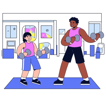A gym trainer is standing beside a beginner, demonstrating the dumbbell shoulder press. The trainer has short black hair and is wearing a bright red tank top and black shorts. The beginner is following along, holding a pair of light gray dumbbells. They are positioned on a gym mat in an open gym area that features various workout equipment and large windows letting in natural light. The background shows colorful gym posters on the walls. The trainer has a focused expression, guiding the beginner on proper form.