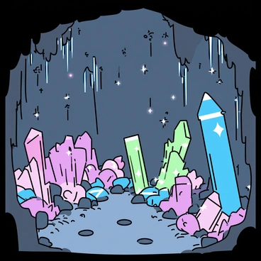 A cave interior, featuring a multitude of large crystals in various shapes and sizes, each reflecting light in a spectrum of colors. The walls of the cave are adorned with glowing runes that provide illumination, casting a soft light across the rocky surfaces. The ground is uneven, with small stones scattered throughout, while the ceiling features stalactites hanging down, some of which are also glowing faintly. The overall atmosphere is filled with a sense of wonder and enchantment, as the crystals and runes create a captivating visual display within the cave.