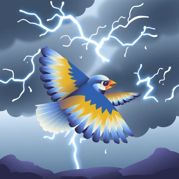 A majestic thunderbird soaring through a stormy sky with lightning flashing around it