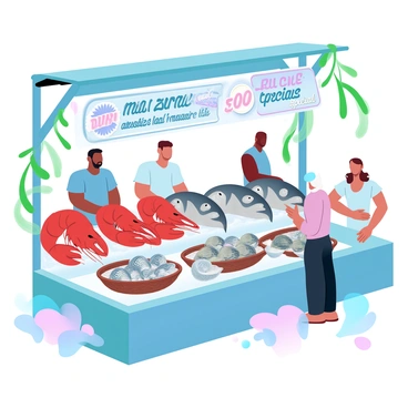 A seafood market stall is filled with an array of fresh catches, including bright red lobsters and shiny silver fish arranged on ice. Various types of shellfish, such as clams and oysters, are nestled in woven baskets. The stall is adorned with colorful signage showcasing the day's specials and prices. Vibrant green seaweed is draped around the display, adding to the lively atmosphere. Customers are browsing the selections, examining the seafood closely. A backdrop of pastel gradient colors enhances the scene, evoking a lively market environment.