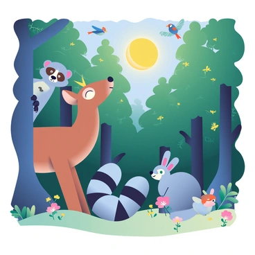 A group of wild animals in a dense forest is reacting to the sudden darkness caused by a solar eclipse. To the left, a curious deer with large brown eyes is looking up, its ears perked and alert. Nearby, a raccoon with grey fur and a mask-like face is peeking out from behind a tree, its paws resting on the trunk. In the background, a family of rabbits with soft, fluffy tails is huddling together, their noses twitching as they sense the change in light. High above, birds such as a blue jay and a cardinal are silhouetted against the fading light, with their wings spread as they prepare to return to their nests. The forest is filled with tall green trees, their leaves rustling softly in the cool breeze as the shadows deepen. The ground is dotted with patches of wildflowers, which contrast against the darkening environment.