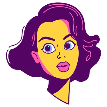A vibrant face illustration is centered in the image, with striking features accentuated by bold outlines. The face has exaggerated expressions, showcasing bright and contrasting colors. The eyes are large and expressive, filled with deep shades, while the lips are plump and painted in a vivid tone. The background is simple, allowing the face to stand out prominently. The entire composition captures a sense of energy and dynamism.