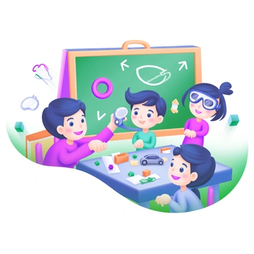 A colorful scene with several children gathered around a table, actively conducting a science experiment with magnets. One child is holding a magnet, while another is observing various objects on the table, including paperclips, a small metal car, and a wooden block, all being attracted to the magnet. The children's expressions show curiosity and excitement. The background features a chalkboard with simple drawings of magnets and arrows indicating attraction. There are also science books and safety goggles scattered around the table, adding to the educational atmosphere.