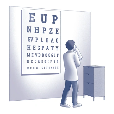 A classic Snellen eye chart is prominently displayed on a wall. The chart features a series of letters of varying sizes, arranged in rows, with the largest letters at the top and progressively smaller letters below. In front of the chart, a patient stands, slightly leaning forward, with one eye covered by a hand. The patient is focused on the chart, reading the letters aloud. The setting suggests an eye examination room, with simple furnishings and clinical details subtly included in the background.