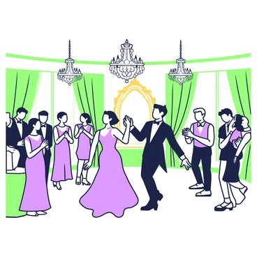 A grand ballroom filled with elegantly dressed guests in formal attire. Women in flowing gowns twirl gracefully while men in tailored suits engage in lively conversation. Crystal chandeliers hang from the ceiling, casting shimmering light across the polished floor. In the center of the room, a werewolf stands on its hind legs, wearing a black tuxedo with a bowtie, dancing with a woman in a stunning purple gown. The guests around them display a mix of surprise and delight, some clapping while others watch in awe. The walls are adorned with rich green drapes and intricate golden frames showcasing ornate mirrors.