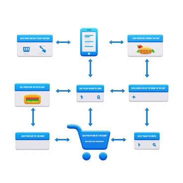 A flowchart depicting a user interacting with a mobile app to order food online. The flowchart includes several distinct steps: "User opens the app", "User browses the menu", "User selects a dish", "User adds the dish to the cart", "User reviews the cart", "User proceeds to checkout", and "User places the order". Each step is represented in a separate box, connected by arrows to indicate the flow of actions. The design features minimalistic and clear icons next to each step to visually represent the actions, such as a smartphone icon for opening the app and a shopping cart icon for adding dishes. The color scheme is vibrant to enhance visibility and engagement.