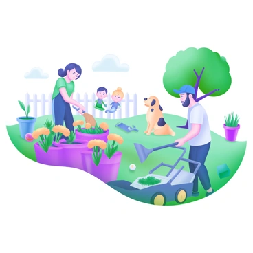 A modern pastel illustration depicting neighbors working together to tend to their yards. One neighbor, a woman in a green shirt, is planting flowers in a garden bed, while another neighbor, a man in a blue cap, is mowing the lawn nearby. There are gardening tools such as a rake and a watering can scattered around. In the background, a small group of children plays with a ball, and a friendly dog sits under a tree, observing the scene. Colorful flower pots and a white picket fence complete the community atmosphere.