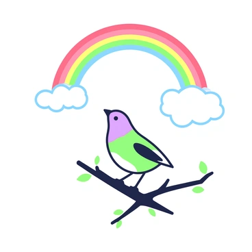 A finch is perched on a branch, looking upwards. The finch has a detailed plumage with a mixture of colors, showcasing its distinctive markings. Above the finch, there is a rainbow that stretches across the sky. The rainbow is depicted with its vibrant arcs, connecting the ground on either side. The background shows a clear sky, providing a contrasting backdrop to the rainbow and the finch. The scene captures the finch's curious expression as it gazes at the colorful display above.