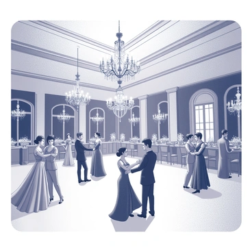 A grand ballroom with a large, ornately decorated ceiling, featuring several crystal chandeliers that hang down, casting intricate light patterns across the floor. The room is filled with elegantly dressed characters, both men in formal suits and women in luxurious gowns, moving gracefully in pairs. Some couples are engaged in a waltz, while others are mingling and socializing. The floor is polished to a shine, reflecting the light from the chandeliers, while large windows line the walls, allowing glimpses of the night outside. Decorative elements such as floral arrangements and draped fabric enhance the opulence of the setting.