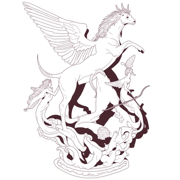 A white marble sculpture features intricate details of various mythical creatures and figures. The sculpture showcases a majestic griffin with outspread wings and a lion's body, positioned prominently. Surrounding the griffin are elegantly carved mermaids with flowing hair and delicate fins, intertwined with swirling waves. Among the figures, a strong centaur stands with a bow, ready to shoot, demonstrating finely chiseled muscles and determined expression. There are also smaller mythological figures, such as fairies, delicately perched on the edges, adding to the overall complexity of the piece. Each element is designed to exhibit remarkable craftsmanship and attention to detail.