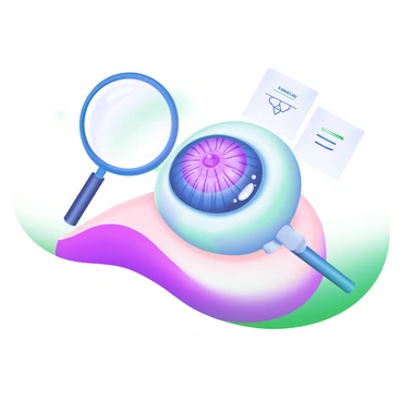 A modern pastel illustration of a tiny eye organoid resting on a smooth, light-colored surface. The organoid showcases a detailed, visible lens at the front, with intricate patterns resembling a retina structure clearly discernible within. The overall color palette includes soft shades of blue and pink, highlighting the delicate features of the organoid. Surrounding the organoid, there are subtle scientific elements, such as a magnifying glass and labeled diagrams, providing context to its biological complexity.