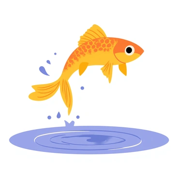 A goldfish with bright orange scales and delicate fins is gracefully leaping out of the water in mid-air. The fish is suspended against a backdrop of blue sky. Water droplets are sparkling around the fish, catching the light as they splash. Below, the surface of the water is rippling with circular waves. The scene conveys a sense of movement and energy.
