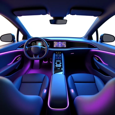 A futuristic car interior featuring sleek, curved dashboard lines and ergonomic seats made of high-quality synthetic material. The dashboard is equipped with vibrant holographic controls that display various driving information and entertainment options. The ambient lighting is adjustable, casting a soft glow in shades of blue and purple throughout the cabin. There are digital displays integrated seamlessly into the design, showcasing navigation maps and vehicle status. The interior also has spacious legroom, with a minimalistic design approach emphasizing modern technology and comfort.