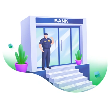 A security guard standing firmly at the entrance of a bank. The guard is wearing a smart black uniform, complete with a badge on the chest. He is looking alert and scanning the surroundings. The bank entrance features large glass doors, and there are marble steps leading up to them. Potted plants are positioned on either side of the entrance, adding a touch of greenery. The scene is set during the day with clear skies visible through the glass doors.