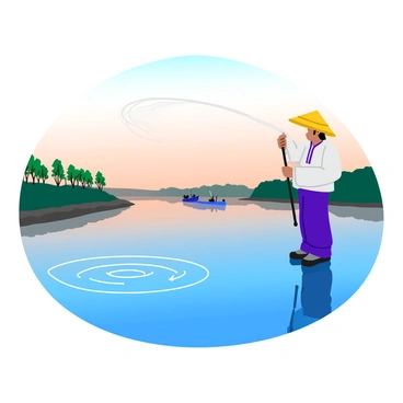A traditional fisherman casting a net on a calm river in Beijing during early morning. The fisherman is wearing a straw conical hat and a simple, lightweight robe. The water reflects the soft hues of dawn, with the sky transitioning from dark blue to light orange and pink. Small ripples spread across the surface as the net is thrown outward, creating a dynamic splash. In the background, there are silhouettes of willow trees along the riverbank, their branches gently swaying in the light breeze. A couple of distant boats can be seen floating quietly on the river, completing the tranquil scene.
