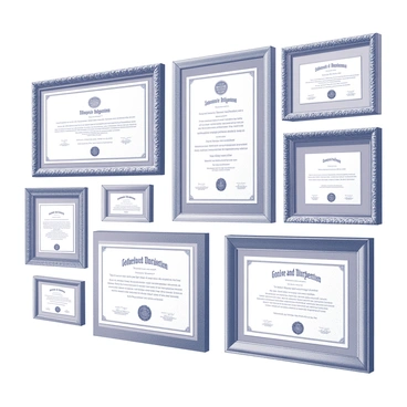 A wall display featuring multiple diplomas arranged in a collage format. Each diploma is housed in a different unique frame, showcasing a variety of intricate designs and shapes. The frames include ornate, vintage styles and sleek, contemporary ones. The diplomas are varied in size and layout, with some displayed horizontally and others vertically. Each diploma has elegant lettering and details that highlight the achievements represented. The arrangement is balanced, creating an appealing visual interest while maintaining a cohesive look.