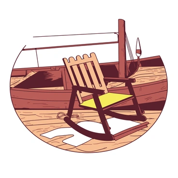 A small wooden rocking chair is positioned on the deck of a rustic wooden sailboat. The chair is painted in a color that contrasts with the natural wood tones of the boat. The sailboat's deck features polished wooden planks with a texture that shows age and wear. In the background, there are ropes coiled neatly on the deck and a tall mast rising towards a clear sky. The rocking chair is slightly tilted, as if someone has just stepped away, and the gentle sway of the boat can be seen in the movement of nearby objects.