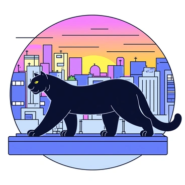 A panther with sleek black fur is standing confidently on the rooftop of a tall city building. The panther's powerful stance showcases its muscular physique and sharp gaze. In the background, the skyline of the city is dotted with various buildings, some taller than others. The sky is filled with vibrant hues of orange, pink, and purple as the sun sets on the horizon. The rooftop is adorned with small details like potted plants and a railing, adding depth to the urban setting.