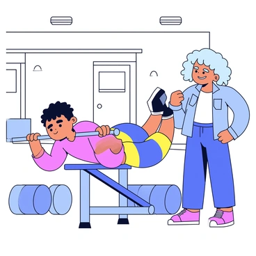 Two friends are at the gym. One friend is positioned in front of a dip station, with their hands gripping the bars. The other friend is standing behind them, supporting their back gently. The friend using the dip station has a focused expression, while the supporting friend looks encouraging. The gym has a few weights and exercise mats in the background, and bright overhead lights illuminate the scene.
