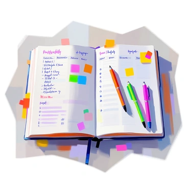 An open planner is displayed on a clean surface, filled with various budget plans written in neat handwriting. Colorful stickers decorate the pages, adding visual interest alongside the neatly organized text. Several bright, colored pens are scattered around the planner, suggesting readiness for effective budgeting. The planner is open to a page with a detailed budget breakdown, with headings and columns clearly marked. The overall scene is vibrant and inviting, encouraging productivity and organization.