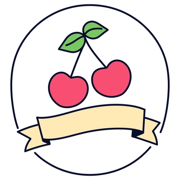 A vintage-style emblem featuring two bright red cherries with green leaves, crossed in the center. Below the cherries is a decorative ribbon that curves elegantly. The ribbon has a light beige color with subtle shading and a hint of texture. The overall design has circular edges, framing the emblem and giving it a classic look.