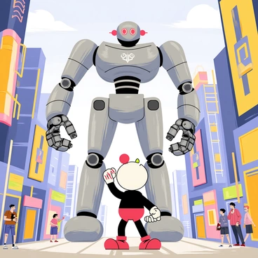Cuphead stands confidently in a bustling cityscape, with towering buildings and colorful advertisements in the background. He faces a giant robot that looms above him, made of shiny metal with glowing red eyes and intricate gears visible in its limbs. The atmosphere is lively, with people gazing in awe from the sidewalks. Cuphead, with his iconic round head, white gloves, and red-and-white striped straw, clenches his fists, ready to take on the mechanical foe. The scene is filled with dynamic action, highlighting the tension between the small hero and the massive robot.