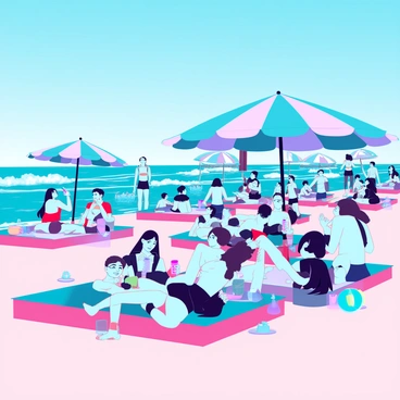 A crowded beach scene filled with sunbathers on colorful towels. There are people of various ages, including children playing in the sand and adults lounging under large, striped umbrellas. Some individuals are applying sunscreen, while others are reading books or sipping drinks from colorful cups. In the background, a few beachgoers are splashing in the waves, and a group is playing beach volleyball. The sandy shore is dotted with beach toys, and the clear blue sky above is bright and sunny.