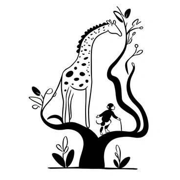 A tall giraffe stretching its long neck to reach the leaves of a tree. The giraffe's patterned coat contrasts with the rugged texture of the tree bark. Below, a curious monkey is perched on a low branch, observing the giraffe with keen interest. The monkey's tail is curled around the branch for balance. Various leaves and branches surround the scene, creating a natural setting.