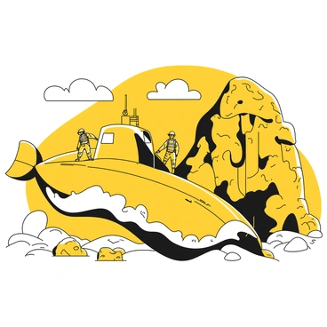 A submarine breaking the surface of the water, with large waves splashing around it. The hatch is open, and several soldiers in tactical gear are climbing out onto a small platform at the top of the submarine. The soldiers are wearing helmets and carrying equipment. In the background, a remote island with dense foliage and rocky terrain is visible. The sky is cloudy, hinting at an overcast day.